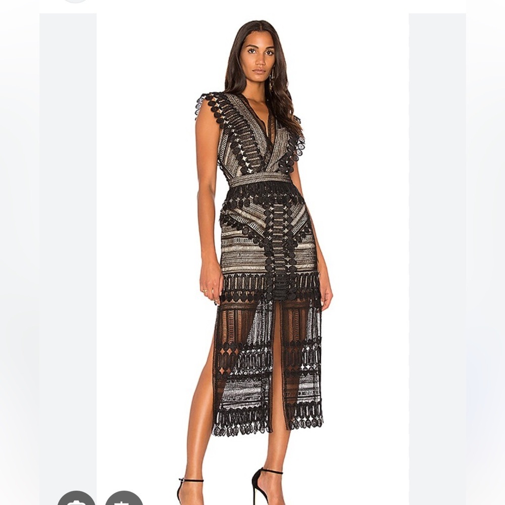 Acler Harvey Dress, Black and Tan Sheath , laced Midi Dress with Slit